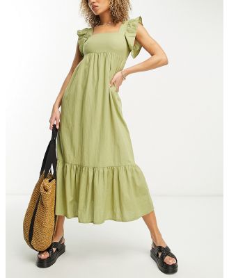 Accessorize frill shoulder texture midi beach summer dress in khaki-Green