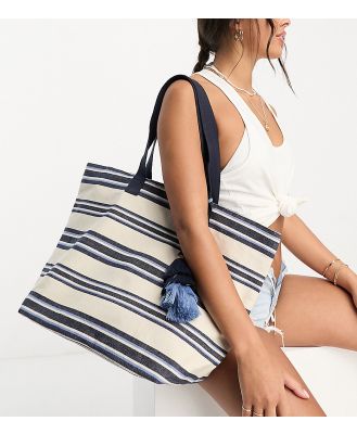 Accessorize horizontal stripe tote bag with tassels in cream and navy-Multi