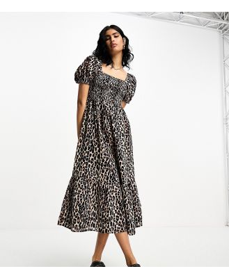 Accessorize puff sleeve shirred bodice maxi summer dress in leopard print-Multi