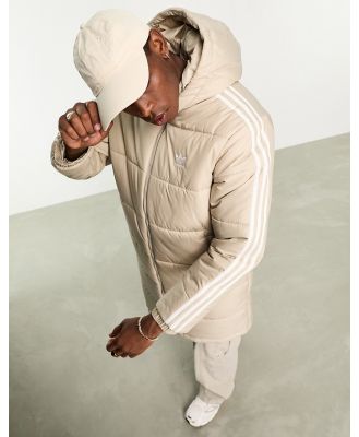 adidas Originals 3 stripe hooded long puffer jacket in beige-Neutral