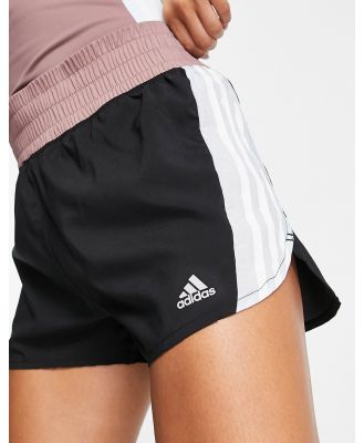 adidas Running colourblock 3 stripe high waisted shorts in black, blue and burgundy