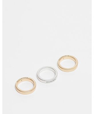 AllSaints 3 pack mixed tone ring bands in gold/silver