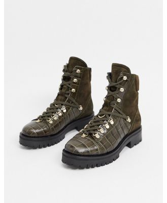 AllSaints franka leather and suede mix biker boots in khaki croc-Green