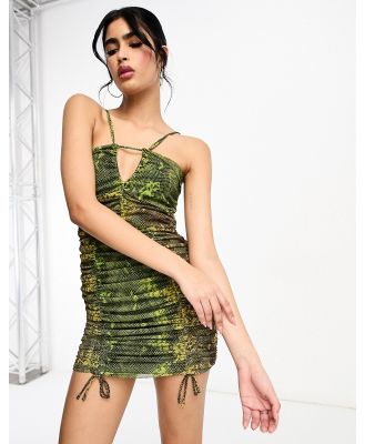 AllSaints Gloria ruched mini dress in green snake