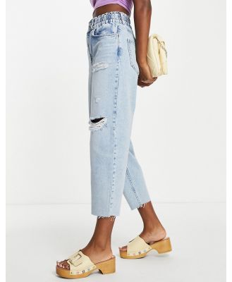 AllSaints Hailey elastic waist band boyfriend jeans with rips in light wash-Blue