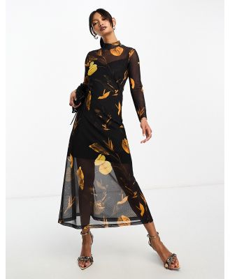 AllSaints Hannah Aretha long sleeve mesh midi dress in black