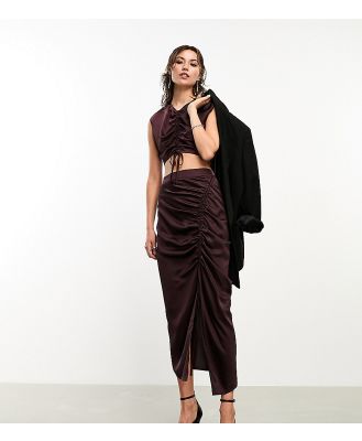 AllSaints x ASOS exclusive Carla ruched satin midi skirt in deep burgundy (part of a set)-Red