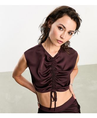 AllSaints x ASOS exclusive Carla ruched satin top in deep burgundy (part of a set)-Red