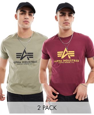 Alpha Industries 2 pack chest logo t-shirt in olive and burgundy-Red