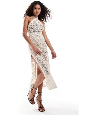 Amy Lynn crochet halter midaxi dress with cut out back detail in natural-Neutral