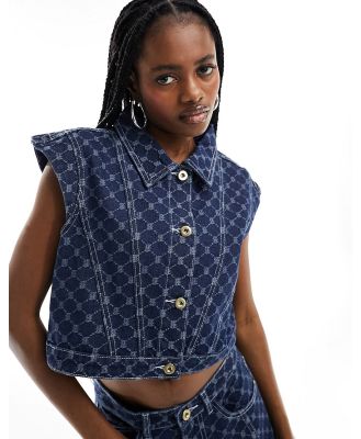 Amy Lynn diamond pattern denim vest in dark wash (part of a set)-Blue
