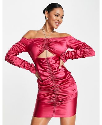 Amy Lynn off the shoulder satin ruched dress with cut out in hot pink