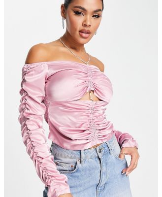 Amy Lynn satin ruched bardot top with cut out in pink