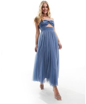 Anaya bandeau tulle midi dress with cut out detail in blue