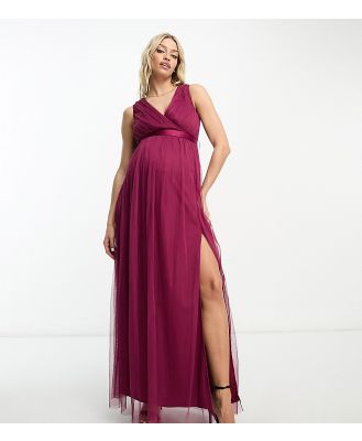 Anaya Maternity wrap front maxi tulle dress in red plum