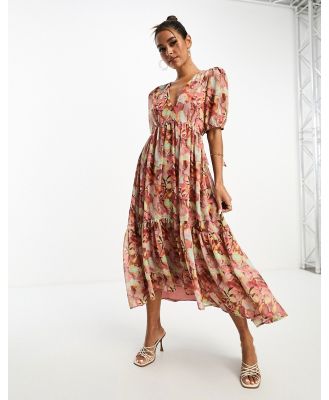 Anaya open back midi dress with puff sleeve in floral print-Multi