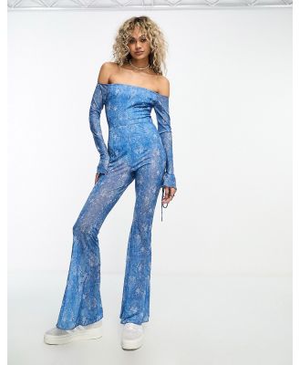 Annorlunda bardot flare catsuit with tie fluted sleeves in vintage blue