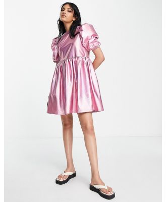 Annorlunda holographic puff sleeve mini dress in baby pink