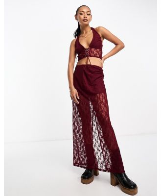 Annorlunda lattice detail midaxi skirt in burgundy floral lace (part of a set)-Purple