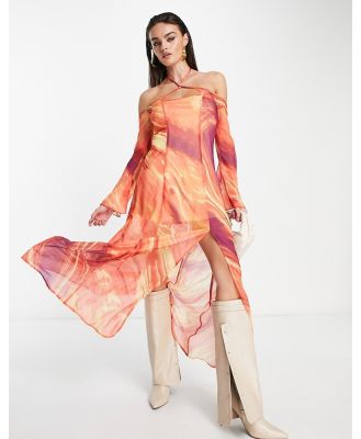 Annorlunda lava print mesh circle trim maxi dress in multi-Orange