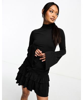 Annorlunda open back ruffle detail mini dress with corsage-Black