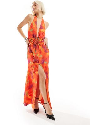 Annorlunda plunge corsage detail maxi dress in orange