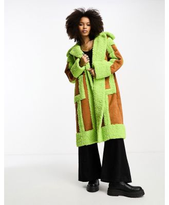 Annorlunda shiny faux shearling edged coat in ginger and lime-Multi