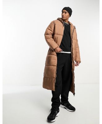 Another Influence longline puffer jacket with hood in beige-Brown