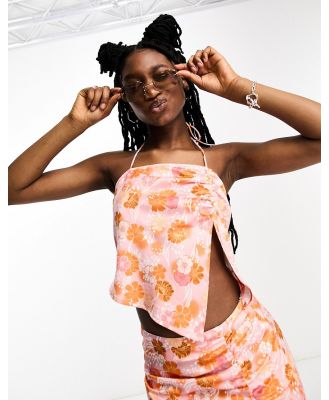 Another Reason halterneck crop top with split front in retro floral (part of a set)-Orange
