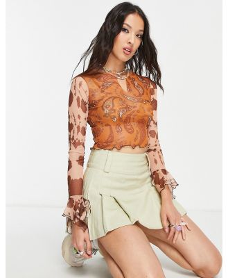 Another Reason paisley print long sleeve mesh top in brown