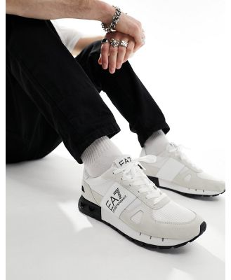 Armani EA7 logo suede mesh mix sneakers in white/black