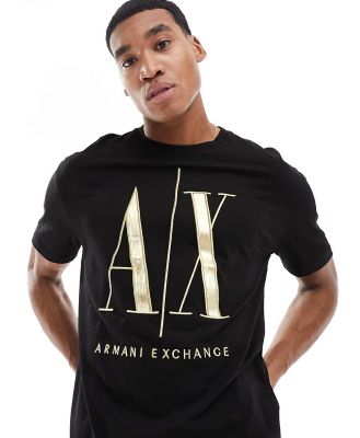 Armani Exchange large gold logo t-shirt in black