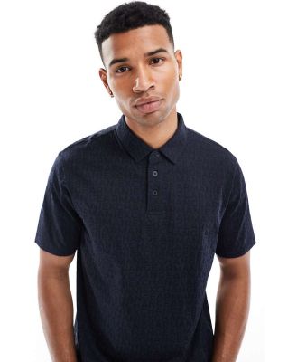 Armani Exchange polo with tonal all over lettering print in navy