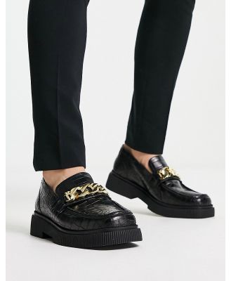 ASRA Farley square toe chain loafers in black croc polished leather