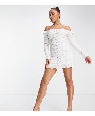 ASYOU long sleeve bardot lace up broderie mini dress in white