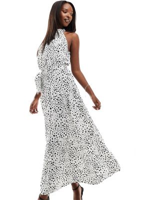 AX Paris halterneck tie waist maxi dress in white spot print-Multi