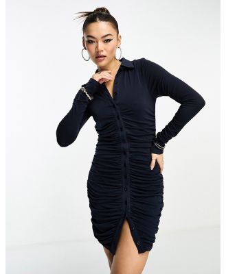 AX Paris ruched polo long sleeve mini dress in navy