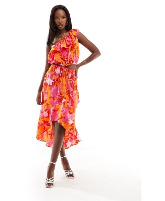 AX Paris ruffle trim midi skirt in orange and pink floral (part of a set)-Multi