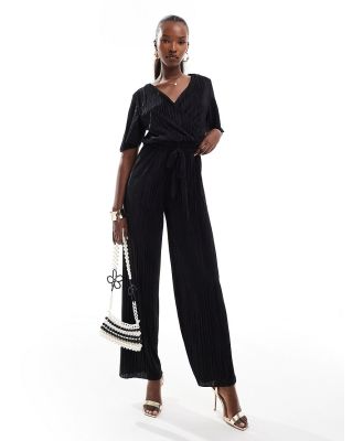 AX Paris short sleeve plisse wrap jumpsuit in black