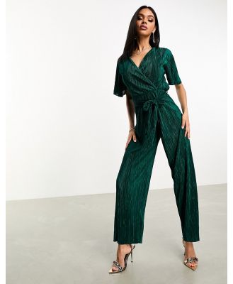 AX Paris short sleeve plisse wrap jumpsuit in emerald green