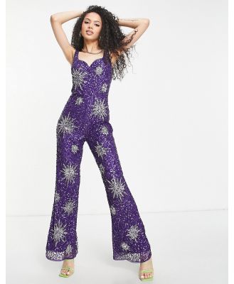 Band Of Stars premium embellished wide leg plunge back jumpsuit in purple