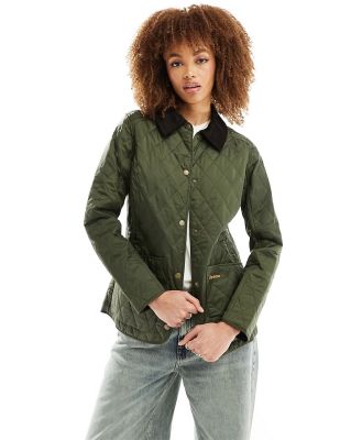 Barbour Annandale diamond quilt jacket with cord collar in olive-Green