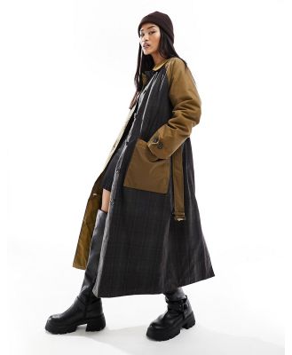 Barbour Everley wax trench coat with tartan panels in sand-Brown