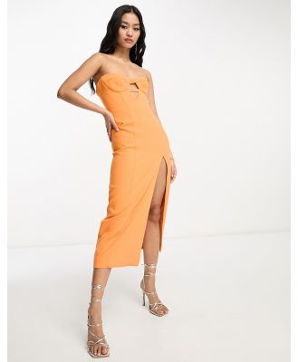 Bardot Brisa bandeau midi dress with split in orange