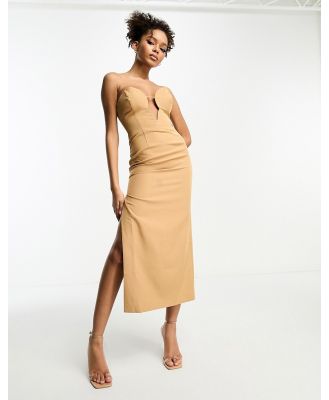 Bardot shaped plunge midaxi dress with split in mocha-Brown