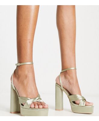 Be Mine Wide Fit Margot platform heeled sandals in sage satin-Green