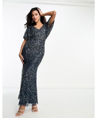 Beauut Bridesmaid embellished maxi dress with flutter sleeve in navy