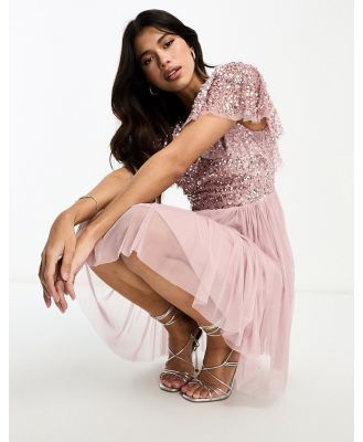 Beauut Bridesmaid embellished mini dress with flutter detail in frosted pink