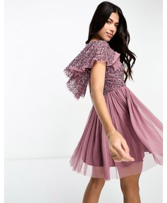 Beauut Bridesmaid embellished mini dress with flutter detail in mauve purple-Pink