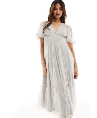 Beauut Bridesmaid tulle midi dress with flutter sleeve in grey